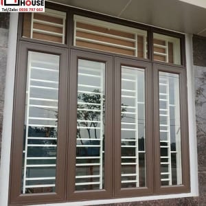Mẫu cửa sổ 4 cánh nhôm PMA màu cafe đẹp