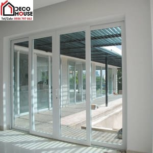 Thi công cửa đi nhôm PMA 4 cánh mở lùa màu trắng